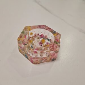 Świecznik sześciokąt kolorowa gipsówka & złoto