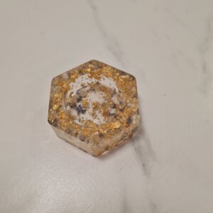 Świecznik sześciokąt gipsówka niezapominajki& złoto